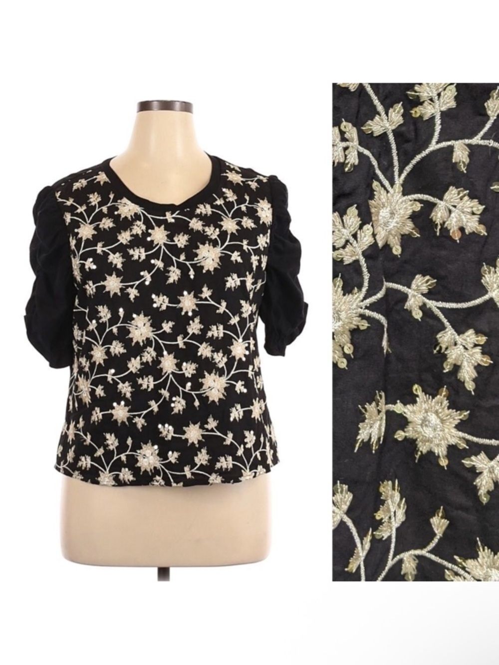 Anthropologie ISLA MAUDE Embroidered Sequin Floral Ruched Sleeve Top XL